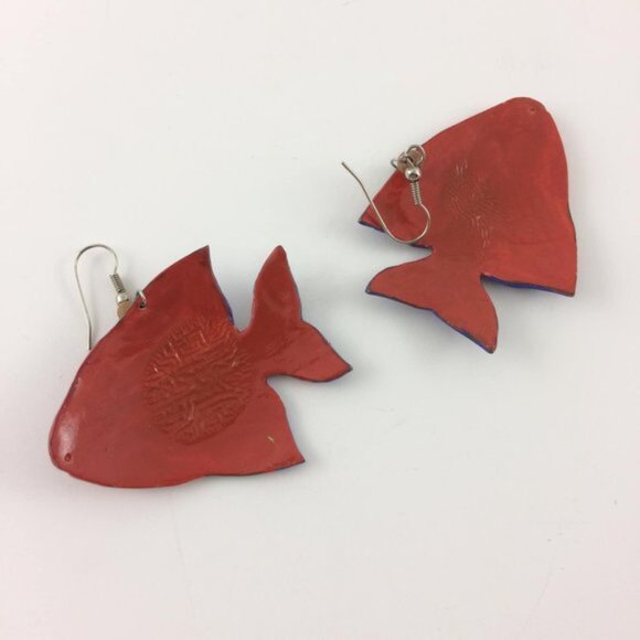 Vtg Tropical Funky Fish Handpainted Dangle Earrings Beachy Bohemian Tropicalcore - Picture 4 of 5